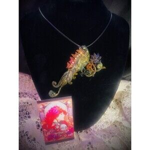 Colorful Peacock & Rhinestones Choker Necklace Artist Signed Handmade 17"